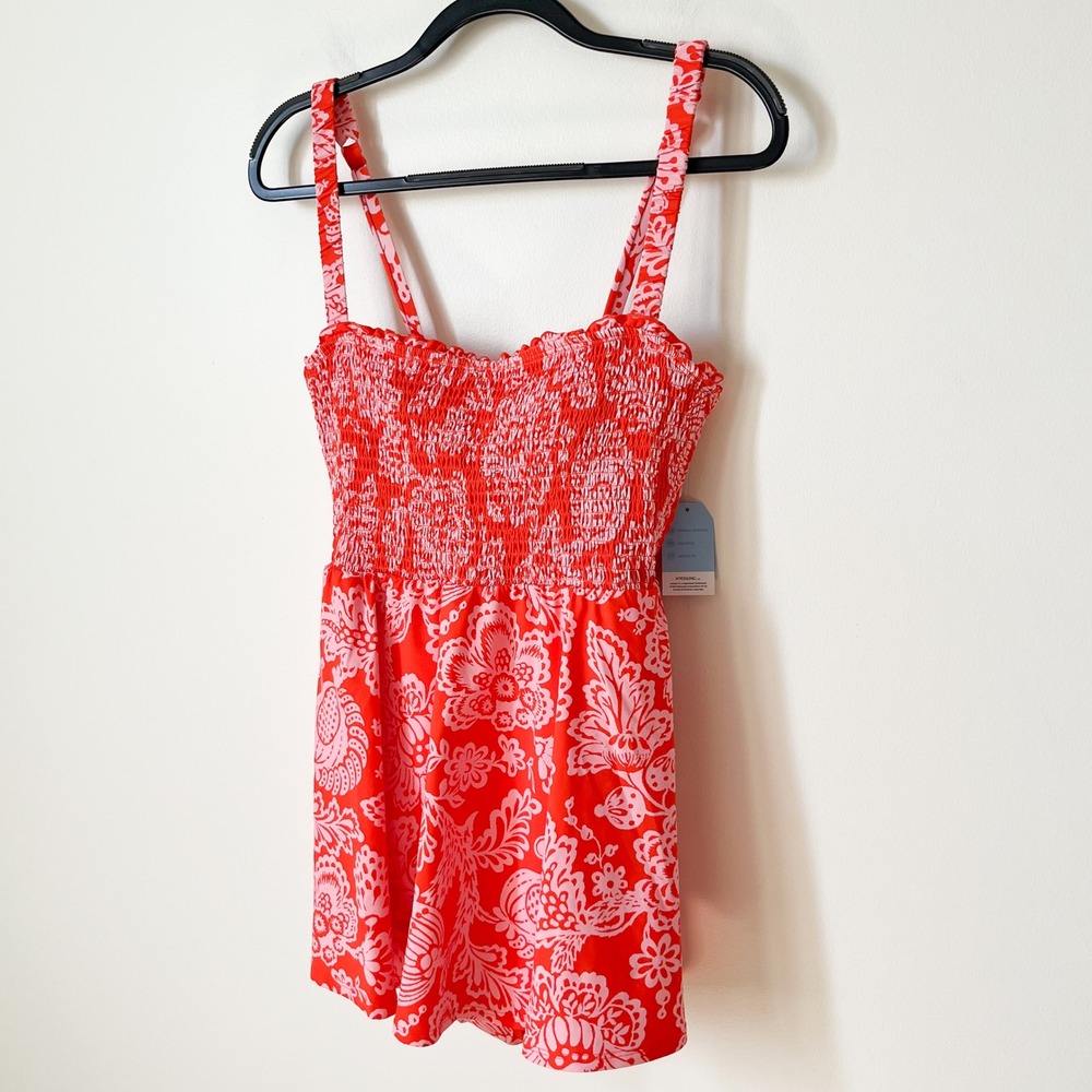 NEW Lands End Smocked Swimsuit Dress Orange Pink Floral Womens 10 - Picture 2 of 13